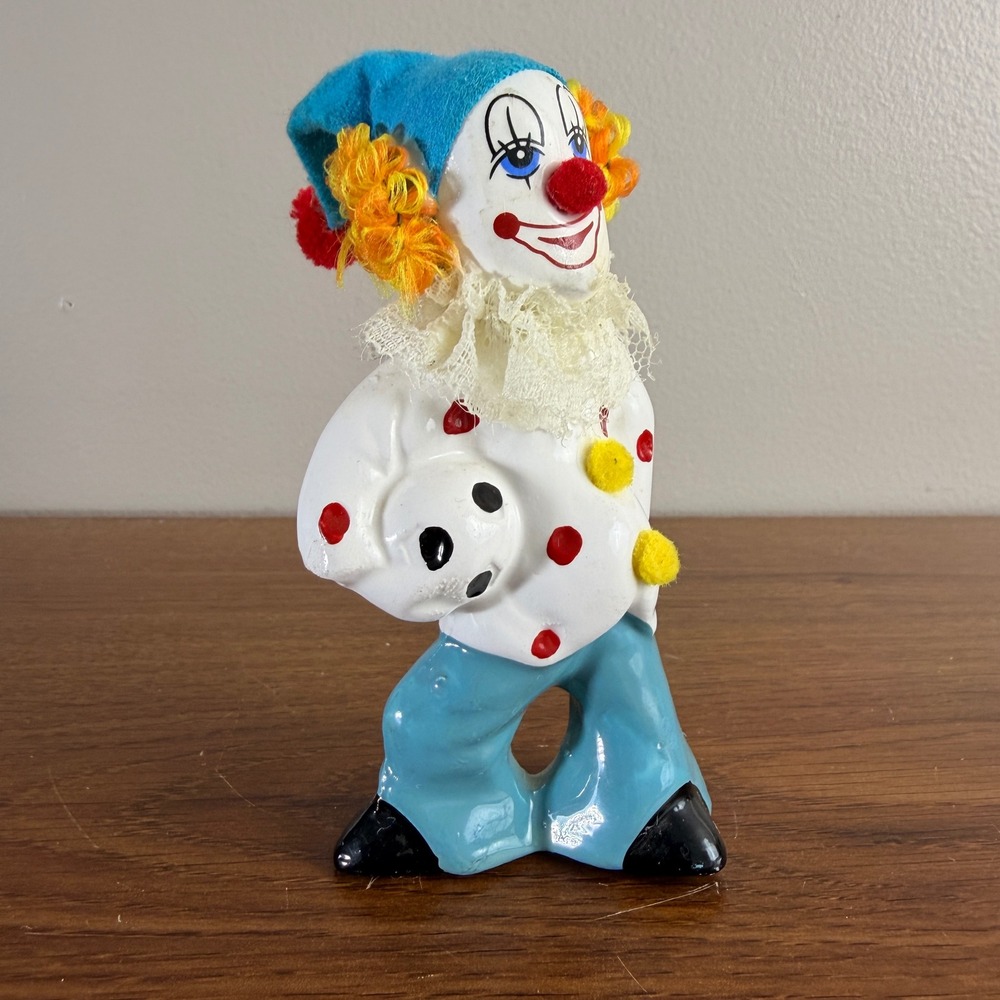 Vintage UGC Taiwan Ceramic Clown Figurine Yarn Hair Felt Hat Circus Kitsch